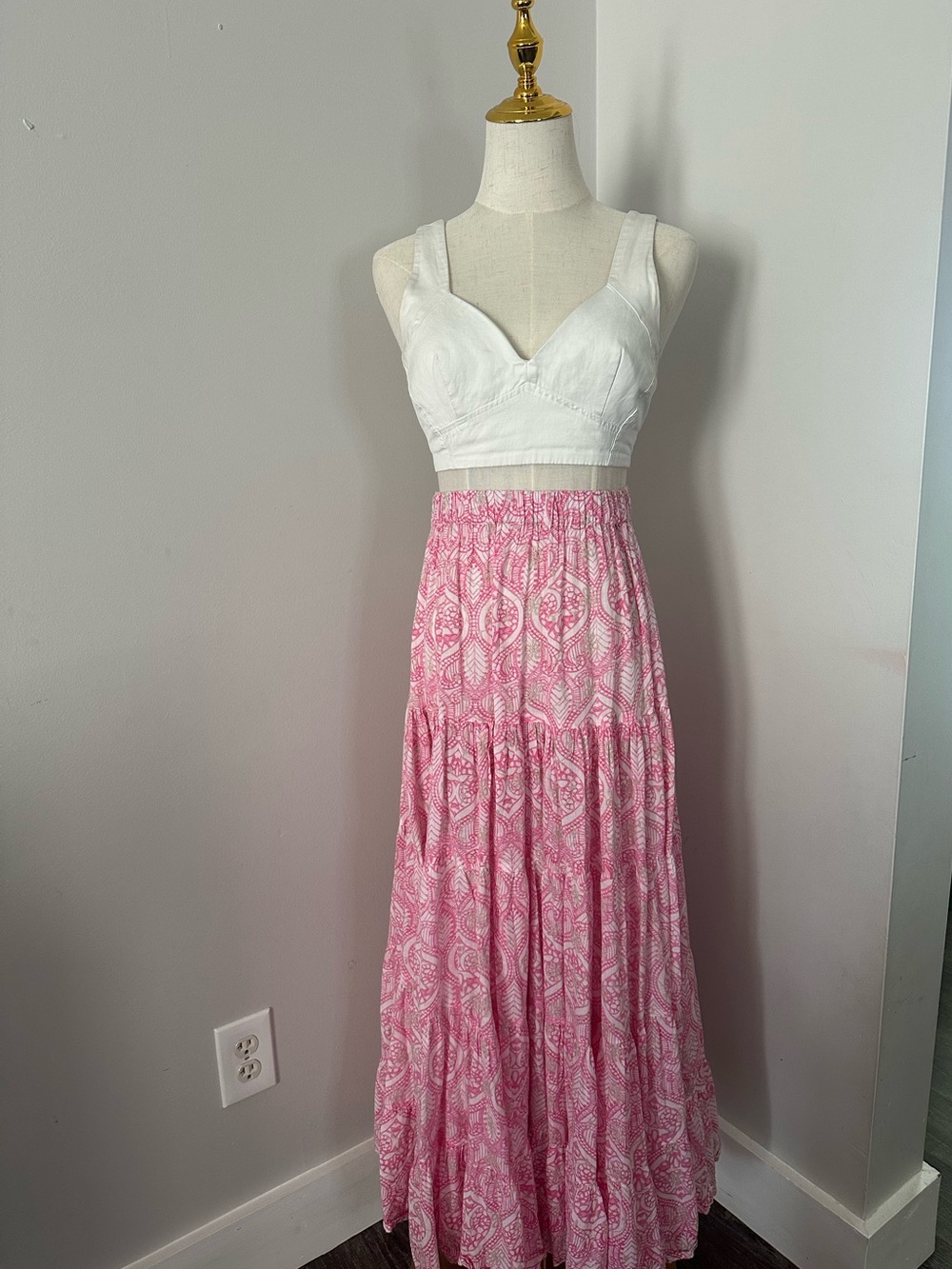 Maxi Smocked Waist Pink Printed Skirt-one size
